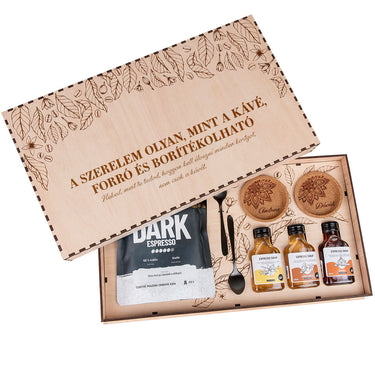 PREMIUM kávé szett fa dobozban, egyedi mintával